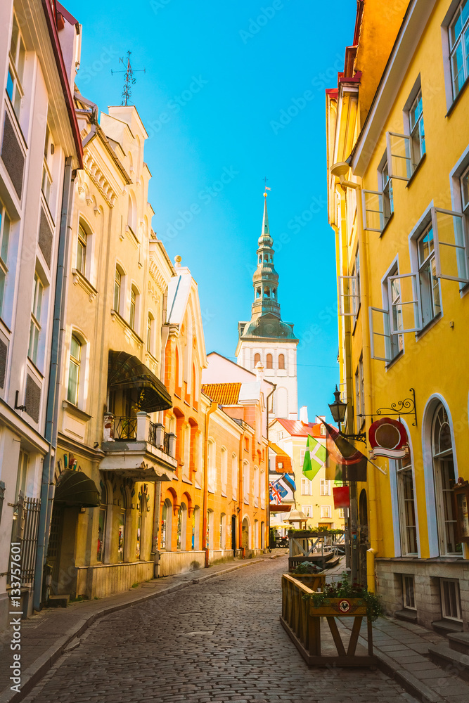 Tallinn, Estonia. View Of Narrow Street In Sunny Summer Day Under Blue Sky