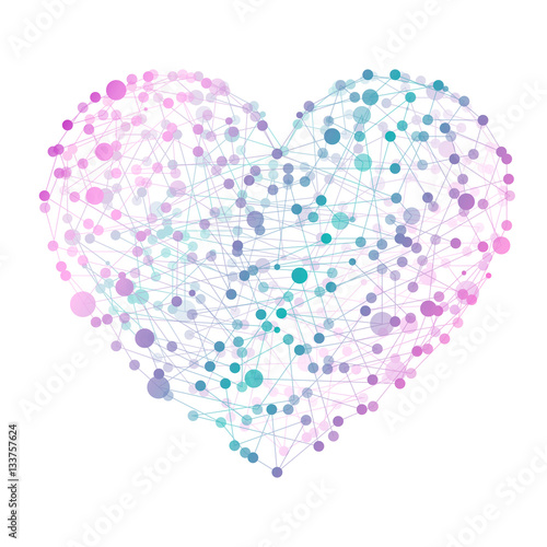Abstract background of molecular heart shape. Illustration of modern vector atomic heart. Heart made with connected dots, triangles light background