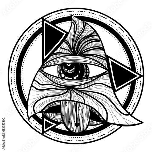 All seeing eye. Blackwork tattoo flash. Eye of Providence. New World Order. Sacred geometry, religion, spirituality, occultism background. Tattoo design, mystic symbol. Isolated vector illustration