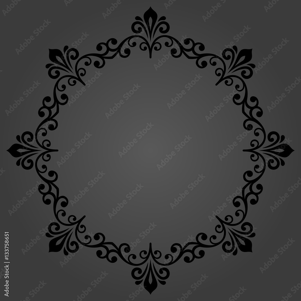 Oriental vector dark round frame with arabesques and floral elements. Floral fine border with vintage pattern. Greeting card with place for text