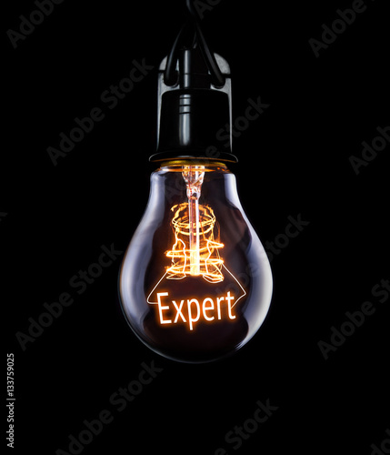 Hanging lightbulb with glowing Expert concept. photo