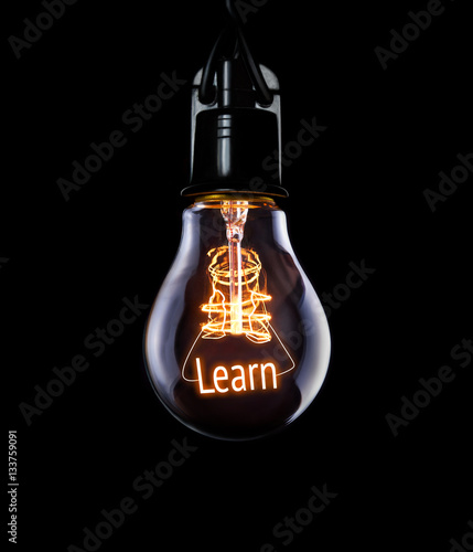 Obraz na płótnie Hanging lightbulb with glowing Learn concept. w salonie