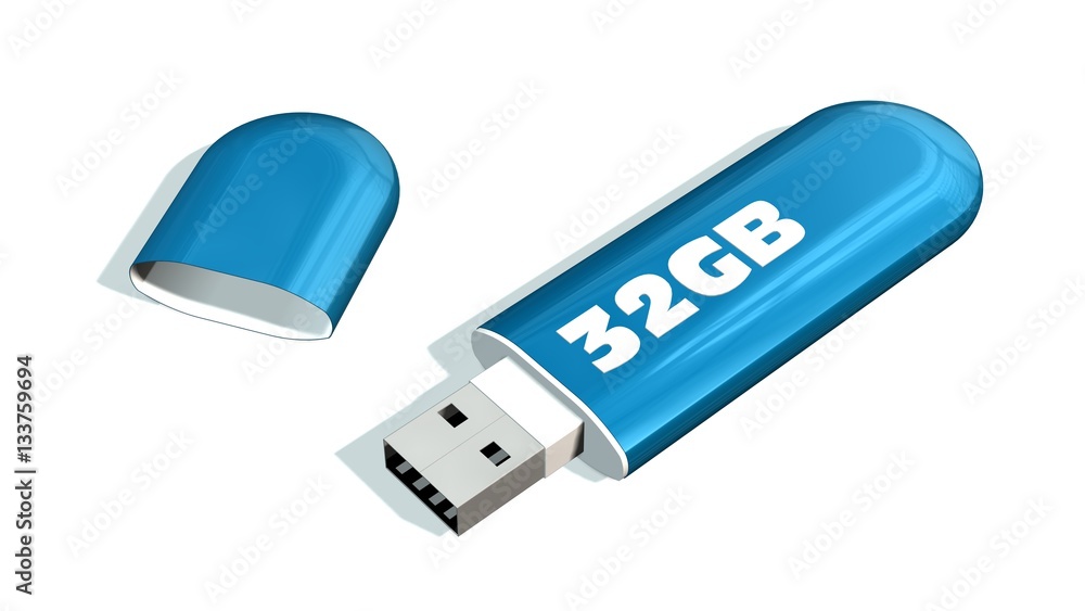 blue 32 GB USB Flash Memory Drives isolated on white blue 32 GB USB Flash Memory Drives isolated on white
