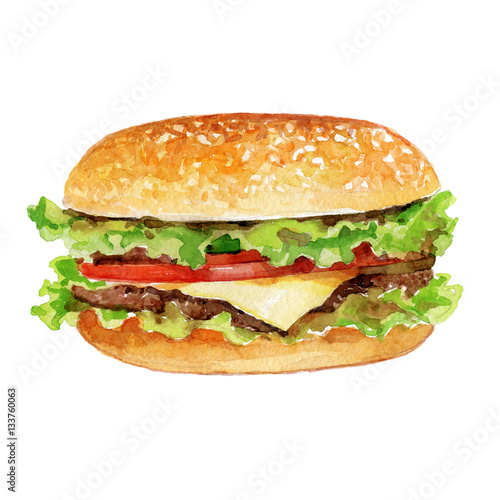 Watercolor Burger with meat and cheese isolated on white background.