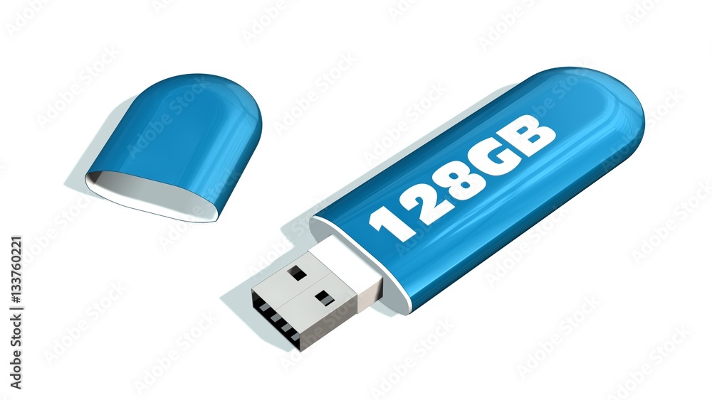 blue 128 GB USB Flash Memory Drives isolated on white blue 128 GB USB Flash Memory Drives isolated on white