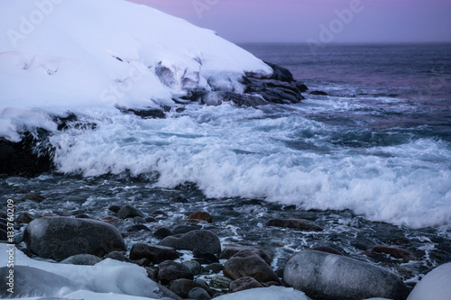 Snowy coast of Barents Sea in Teriberka, Murmansk Region, Russia