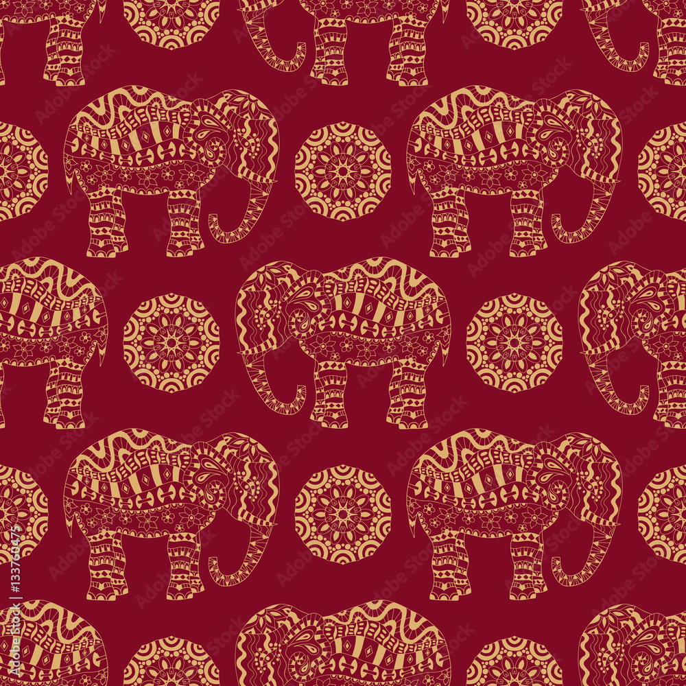 Fototapeta premium Endless texture with stylized patterned elephant and mandala in