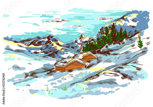 Winter Sketch Farm Landscape