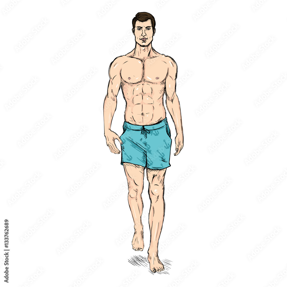 Vector Sketch Fashion Male Model in Blue Beach Shorts Vector Sketch Fashion Male Model in Blue Beach Shorts