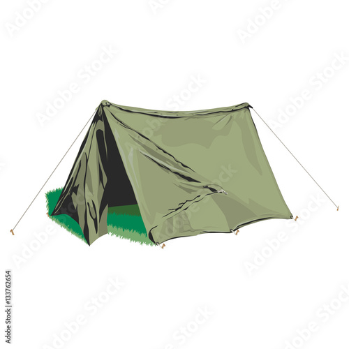 Old style army  beigh pup tent pitched on some grass with one open flap & dark interior