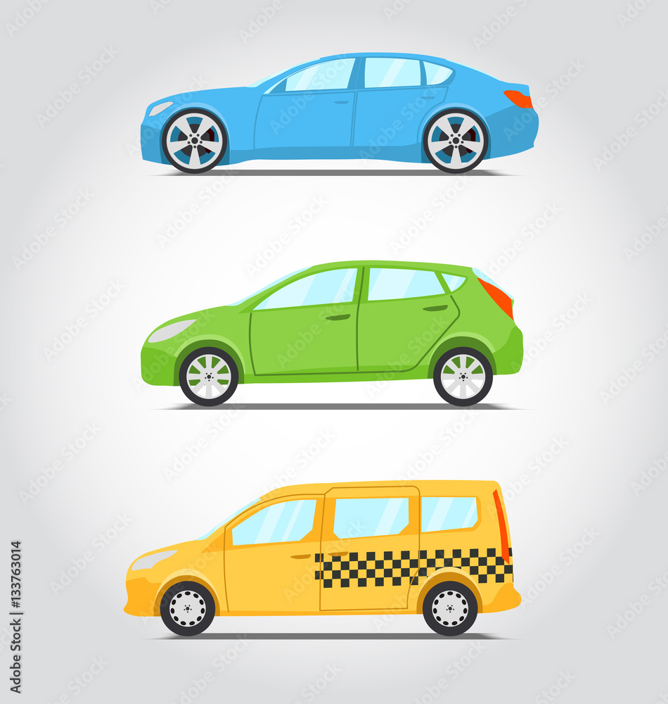 Cars icon series. Flat colors style. Sedan or supercar, hatchback or family car and yellow taxi. Vector illustration.