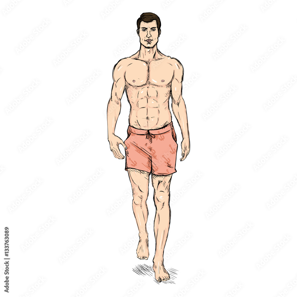 Fototapeta premium Vector ketch Fashion Male Model in Blue Beach Shorts