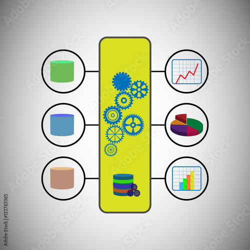 Concept of Data intelligence, data analytics, this vector represents the customer data stored in different data sources and generating reports in graphs through a master database