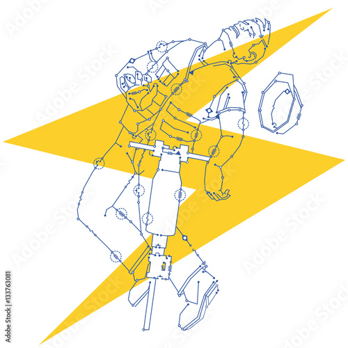 A workman composed of circuit diagram symbols, with a jackhammer, gets shocked by a power line.
