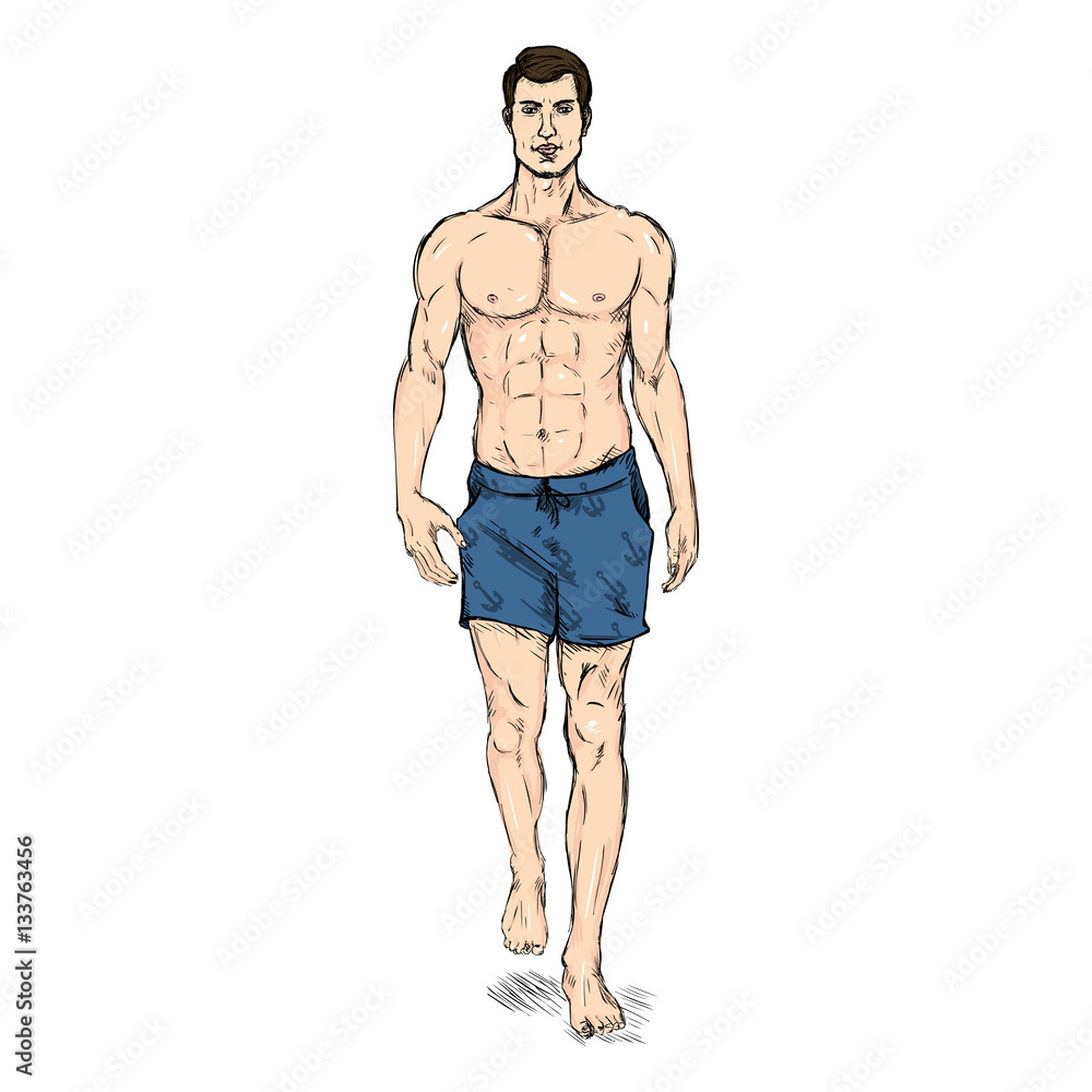 Fototapeta premium Vector ketch Fashion Male Model in Blue Beach Shorts
