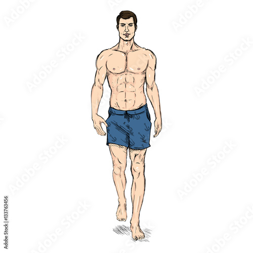 Vector ketch Fashion Male Model in Blue Beach Shorts