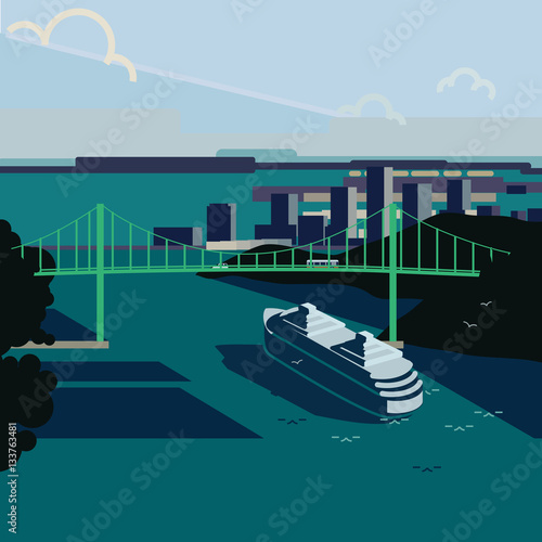 A cruise ship passing under a bridge. A city lies in the background
