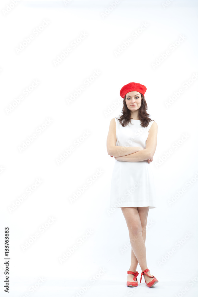pretty young brunette caucasian smiling woman with red basque on white background pretty young brunette caucasian smiling woman with red basque on white background