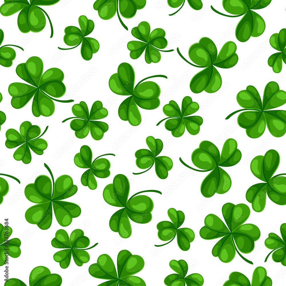Saint Patricks Day seamless pattern. Green clover shamrock and the four-leaf