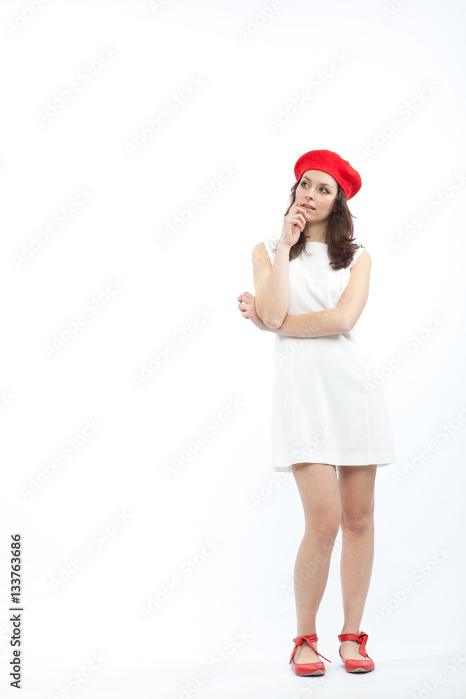 pretty young brunette caucasian woman with red basque thinking on white background pretty young brunette caucasian woman with red basque thinking on white background