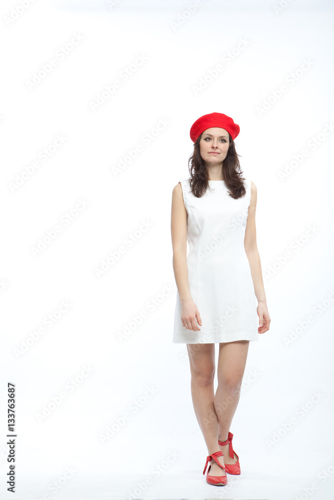 pretty young brunette caucasian woman with red basque thinking on white background pretty young brunette caucasian woman with red basque thinking on white background