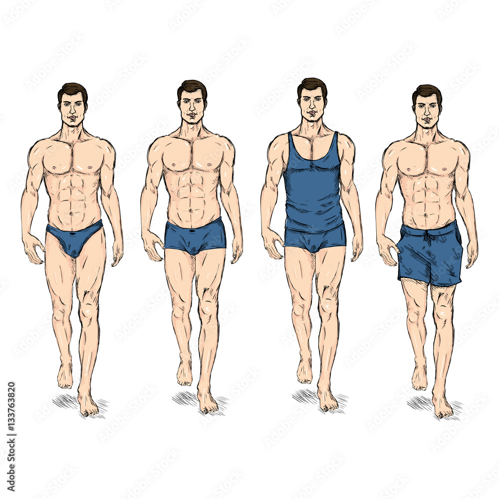 Vector Set of Sketch Fashion Male Models. Underwear. Vector Set of Sketch Fashion Male Models. Underwear.