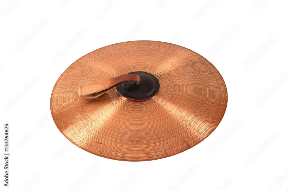 Close up of an prcussion cymbals with leather handle isolated on background. Close up of an prcussion cymbals with leather handle isolated on background.