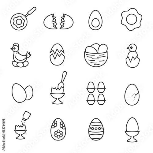 Vector line egg icon set. Chicken and eating eggs linear icons