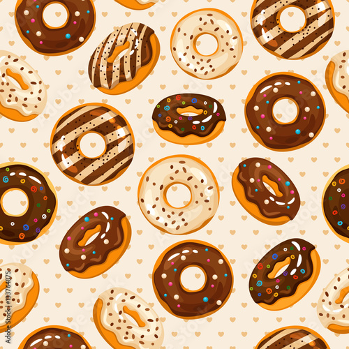 Glazed and sugar powdered vector chocolate donuts seamless texture