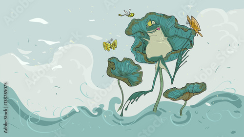 The frog on a lotus leaf relaxed have a crown on the head, illustrations for books, cards, wallpapers for interior decoration, pictures of fantasy and idealism.