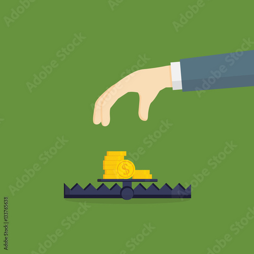 Business Trap, Money Trap, People Hand Going To Take Dollar Coins On Bear Trap