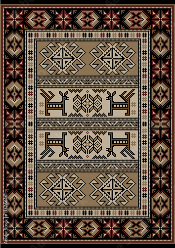 Vintage ethnic carpet with  stylized ornament in brown and beige colors

