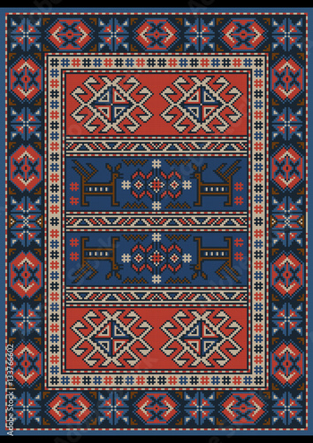 Vintage ethnic carpet with stylized ornament in red and blue colors 
