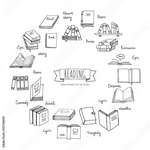 Hand drawn doodle Books Reading set. Vector illustration. Sketchy icons elements. Vector symbols of reading and learning. Book club illustration. Back to school Education University College symbols