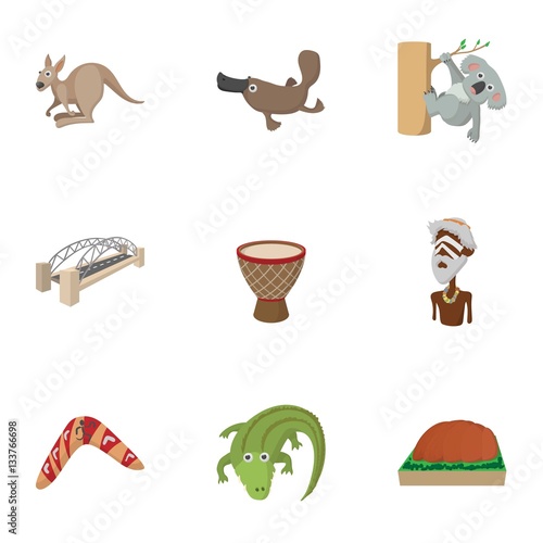 Photography Tourism in Australia icons set, cartoon style