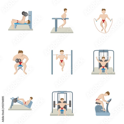 Exercises in gym icons set, cartoon style © juliars