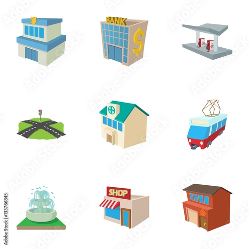 Public building icons set, cartoon style