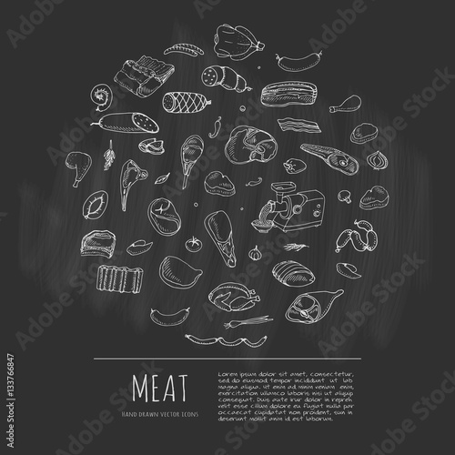 Hand drawn doodle set of cartoon different kind of meat and poultry. Meat set Vector illustration. Sketchy flesh elements collection Lamb Pork Ham Mince Chicken Steak Bacon Sausage Salami Delicatessen