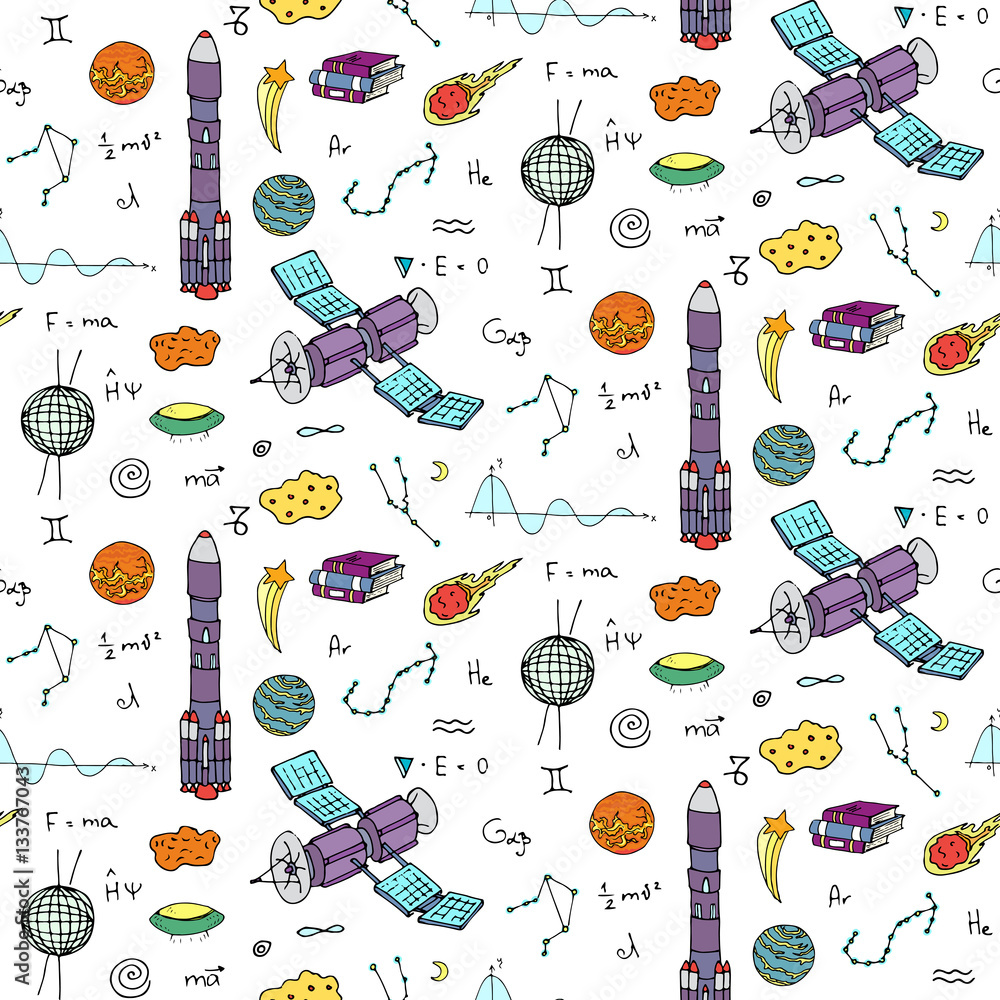 Seamless pattern Hand drawn doodle Space and Cosmos set. Vector ...