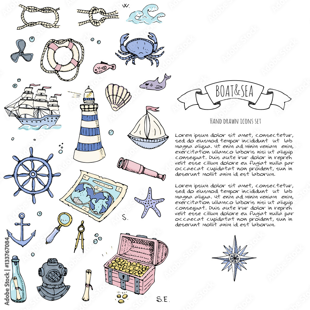 Hand drawn doodle Boat and Sea icons set. Vector illustration. Sea life ...