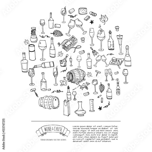Hand drawn wine set icons. Vector illustration. Sketchy wine tasting elements collection. Cartoon winery symbols. Vineyard background. Grape, glass, bottle, barrel, corkscrew, opener, cheese platter
