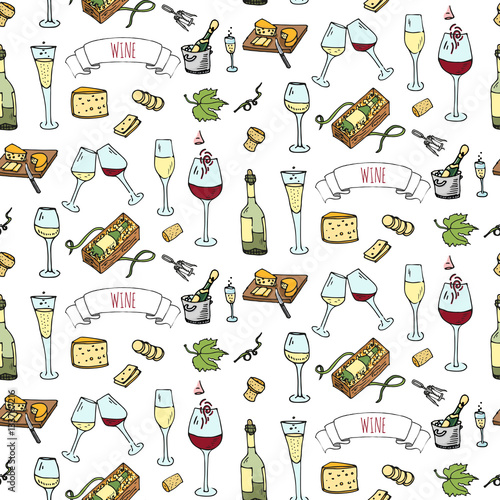 Seamless pattern with Hand drawn wine set icons. Vector illustration. Sketchy wine tasting elements collection. Cartoon winery symbols. Vineyard background. Grape, glass, bottle, barrel, corkscrew.