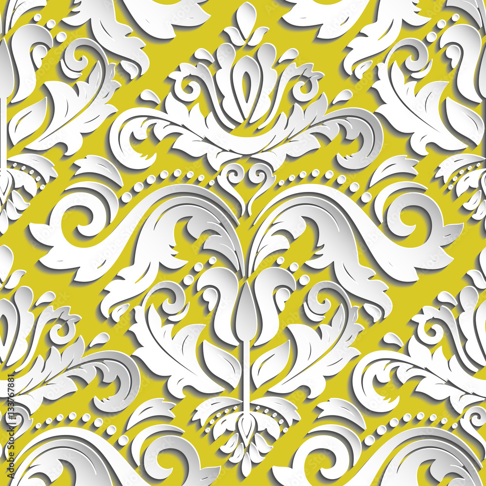 Seamless oriental golden and white ornament. Fine vector traditional oriental pattern with 3D elements, shadows and highlights