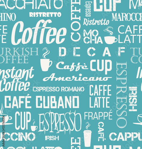 Background seamless tile of coffee words and symbols 