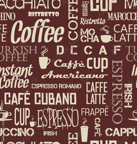Background seamless tile of coffee words and symbols 