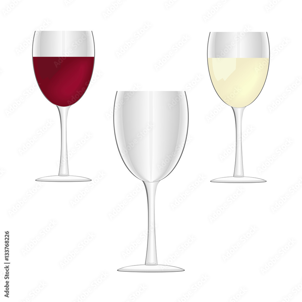 Wine glasses - empty, red wine and white wine. Wine glasses - empty, red wine and white wine.