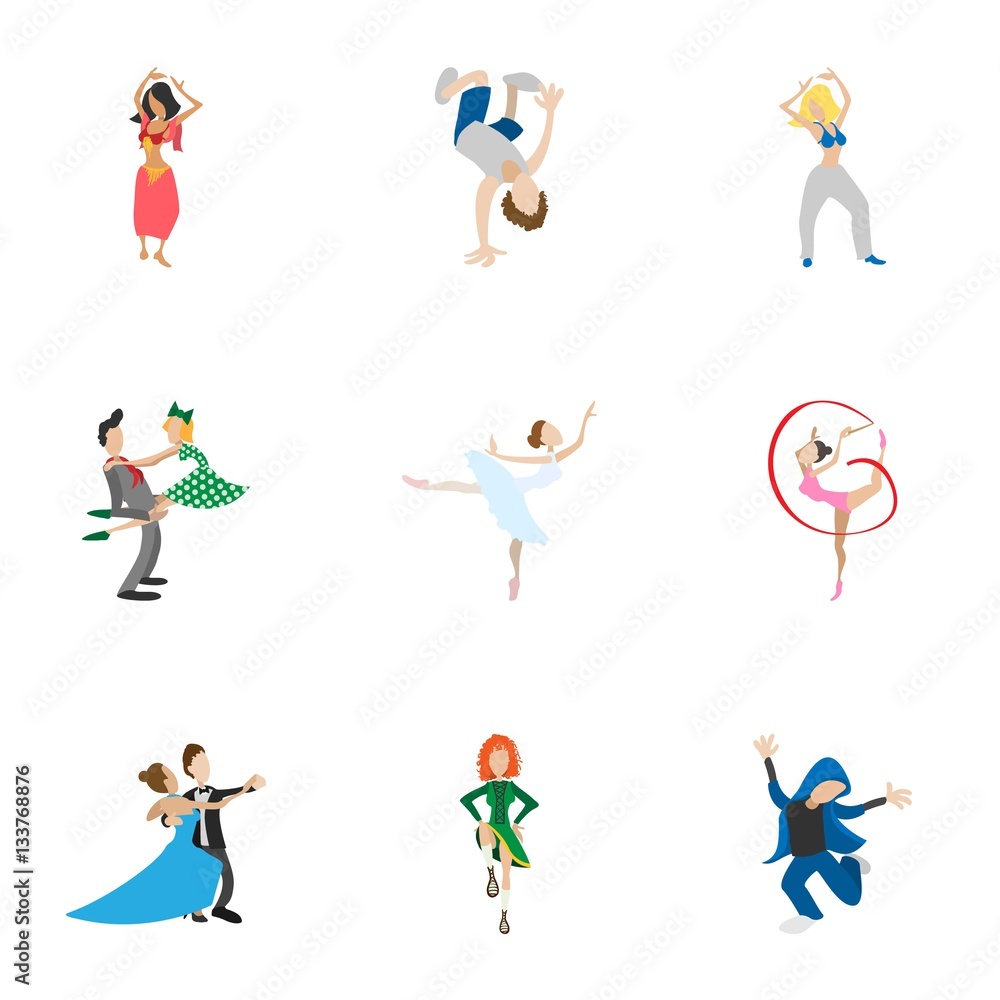 Dance styles icons set, cartoon style Dance styles icons set, cartoon style