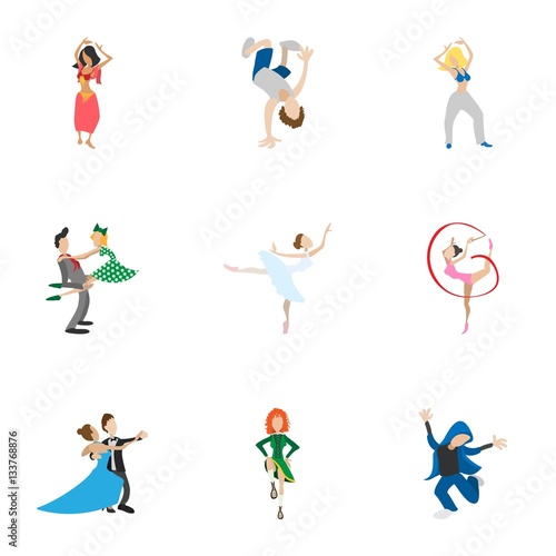 Dance styles icons set, cartoon style