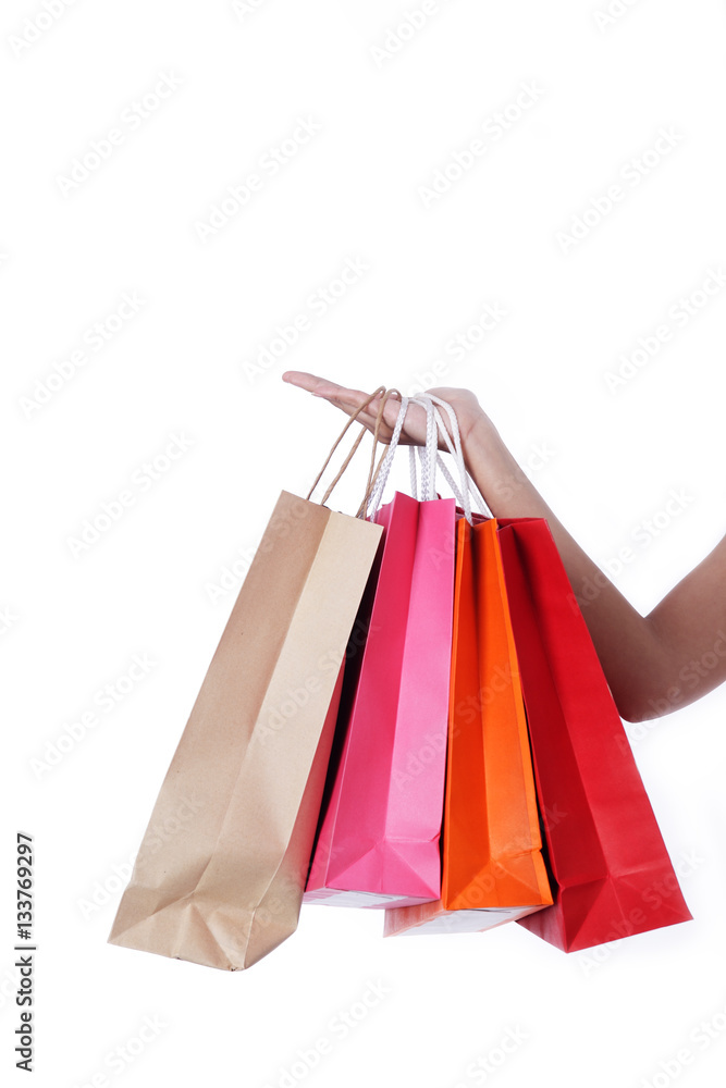 women carrying colorful shopping bag isolated on white backgroun