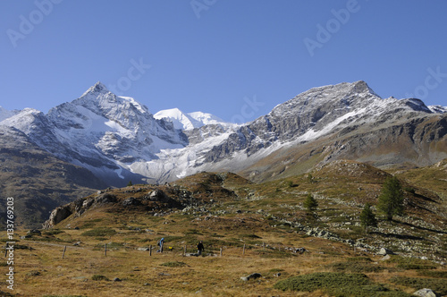 Wandern auf dem Bernina Hospitz in den Schweizer Alpen. Tourist-